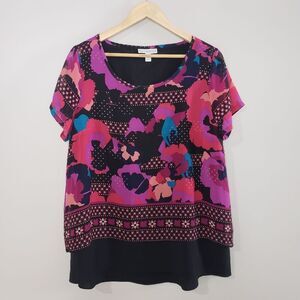 🦋3/$20 Dana Buchman Large Pink Purple Print Short Sleeve Layered Boxy Top